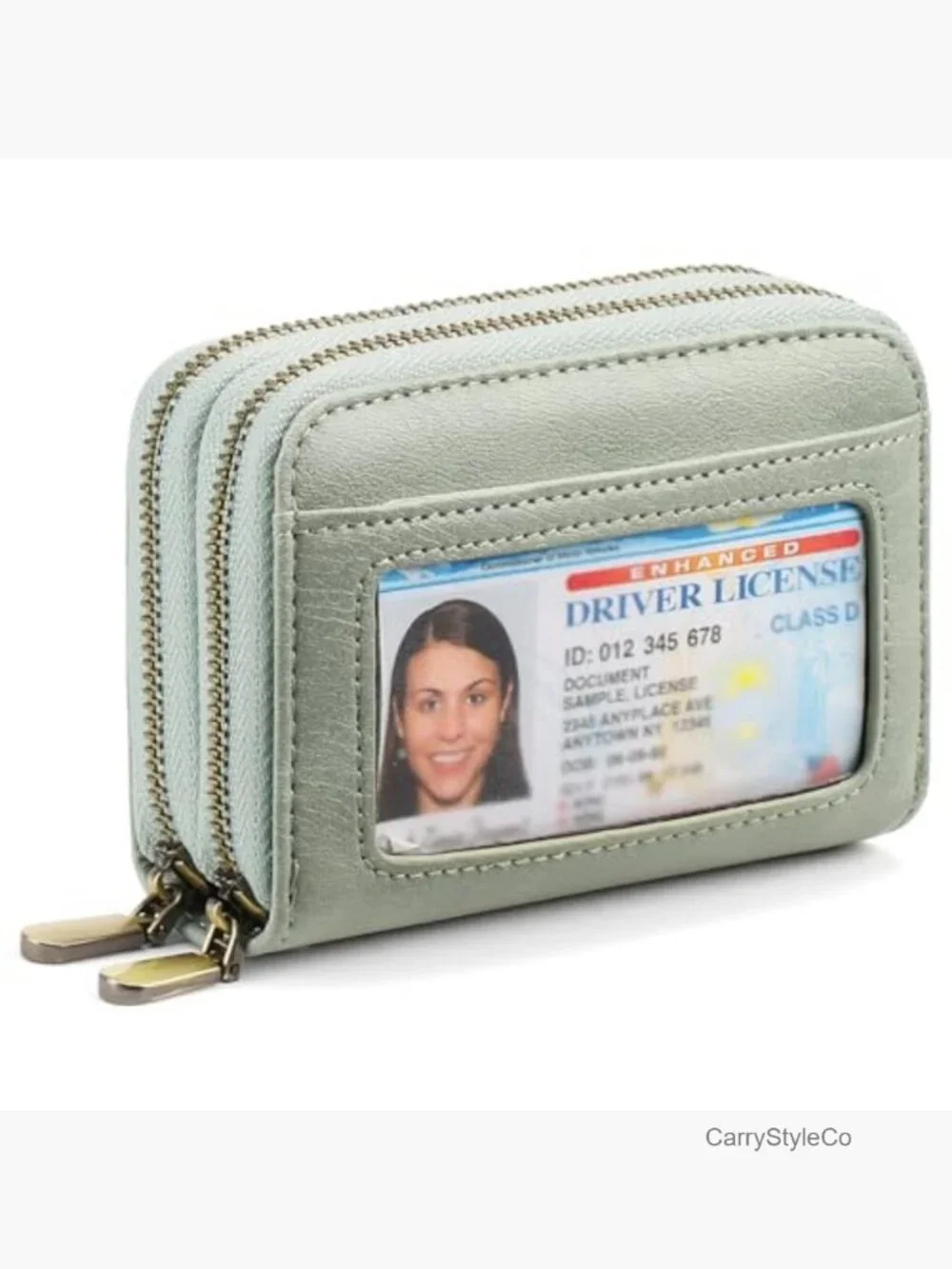 Leather Credit Card Holder Wristlet RFID Blocking Double Zipper with ID Window